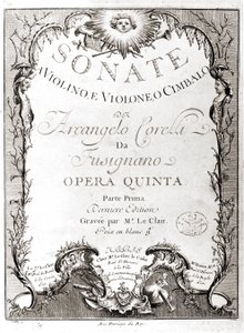 واجهة 12 سوناتا للكمان والباس والهاربسيكورد بواسطة Arcangelo Corelli (1653 - 1713). نسخة فرنسية. بواسطة فنان غير معروف