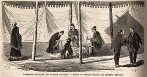 مراسم الجنازة: بعد الحرق وجمع الرفات. نقش لتوضيح الرحلة إلى اليابان في 1863-1864 ، بقلم آيم هامبرت ، وزير الاتحاد السويسري ، في "Le Tour du monde ، nouveau journal des voyages" ، المنشور تحت التوجيه بواسطة فنان غير معروف