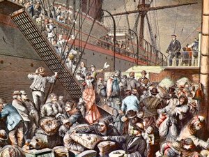 المهاجرون الألمان لنيويورك على متن باخرة هامبورغ في عام 1874 ، نقش - (Deutsche Emigranten) بواسطة فنان غير معروف