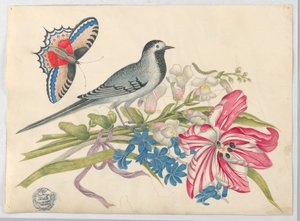 Grey Bird on Branch مع Tulip و Snapdragons و Forget-Me-Nots مع الفراشة بواسطة فنان غير معروف