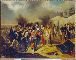 الحروب النابليونية ، الحملة الروسية (1812): يعجب الحرس الملكي لنابليون الأول بصورة ابن الإمبراطور ، نابليون الثاني دوق رايششتات وملك روما (1811-1832) ، الملقب بإيجلون - يراقب الإمبراطور المشهد يقف أمام خيمته بواسطة فنان غير معروف