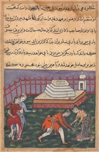 عند سماع إعلانها بالحب ، تقع أياز عند قدمي محمودة في العتبة المقدسة. المشهد شاهده سليم صديق أياز وخادمة من توتي ناما (حكايات ببغاء): الليلة الثالثة والثلاثون بواسطة فنان غير معروف