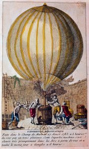 History of balloons: aerostatic experience carried out at the Champ de Mars in Paris on 27/08/1783: the balloon is filled with hydrogenic gas by Jacques Charles (1746-1823). Engraving of the 18th century Paris, B.N. بواسطة فنان غير معروف