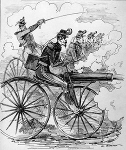 Humorous engraving: Velocipedomania applied to machine guns - 19th century. بواسطة فنان غير معروف