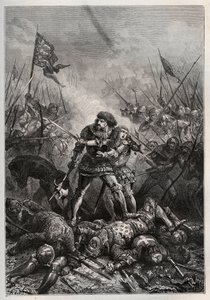حرب المائة عام: ملك فرنسا يوحنا الثاني الصالح وابنه فيليب الثاني من بورغندي (1342-1404) ، المعروف باسم "فيليب لو هاردي" ، يقاتل الإنجليز في معركة بواتييه في 19/09/1356) (الملك من فرنسا يوحنا الثاني ملك فرنسا (1319-1364) وابنه فيليب بواسطة فنان غير معروف