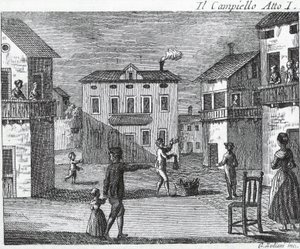 قانون Il Campiello الأول - كارلو جولدوني (1707-1793) - نقش القرن الثامن عشر بواسطة فنان غير معروف