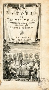 مقدمة مصورة من الكتاب الفرنسي المترجم "ليوتوبيا" (المدينة الفاضلة) لعالم الإنسان الإنجليزي السير توماس مور (1478-1535). نقش من 1643. برشلونة. مكتبة كاتالونيا. بواسطة فنان غير معروف