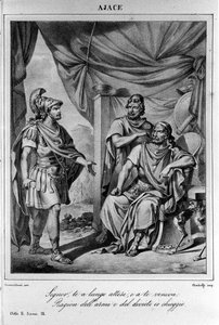 رسم توضيحي للمشهد التاسع من الفصل الثاني من "" Ajax "(Aiace) للشاعر والكاتب المسرحي الإيطالي أوغو فوسكولو (1778-1827) القرن التاسع عشر بواسطة فنان غير معروف
