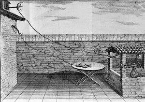 رسم توضيحي لتجارب لويجي جالفاني ، الفيزيائي والطبيب الإيطالي (1737 - 1798) شرح مرور التيار الكهربائي الذي يحرك أرجل الضفدع. بواسطة فنان غير معروف