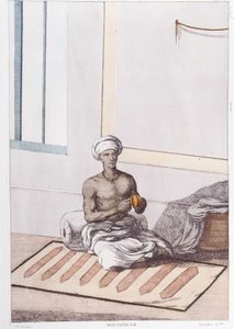 الثقافة والحضارة والمجتمع الهندي: موسيقي بقرع هندي تقليدي. نقش من 1808. بواسطة فنان غير معروف