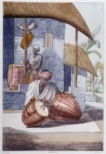 الثقافة والحضارة والمجتمع الهندي: موسيقي بقرع هندي تقليدي (تيكورا). نقش من 1808. بواسطة فنان غير معروف