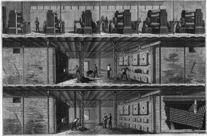 تركيب الغلايات والدينامو البخاري في محطة توزيع الكهرباء المركزية (Edison System) في نيويورك عام 1884. بواسطة فنان غير معروف