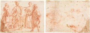 يعقوب ولبان مع راحيل وليا (وجه الصفحة) رسم تخطيطي لرجلين وشخصيات مختلفة أخرى (ظهر) بواسطة فنان غير معروف