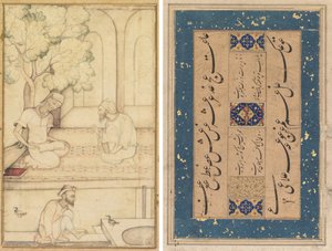 كبير واثنين من المتابعين على شرفة (وجه الصفحة) ؛ الخط (ظهر) بواسطة فنان غير معروف
