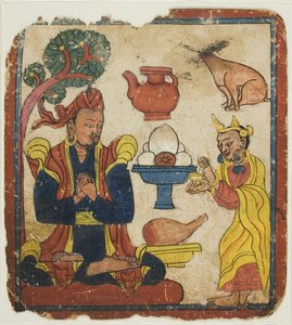 الملك منقور الذي تغذيه الملكة ديفيكا، من مجموعة بطاقات التلقين (تساكالي) بواسطة فنان غير معروف