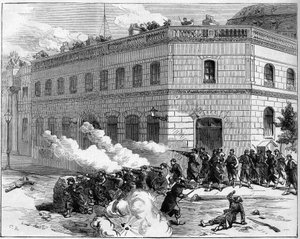 La Commune de Paris عام 1871. دفاع الفيدراليين (Communards) عن قصر الإليزيه. بواسطة فنان غير معروف