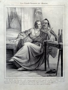 Les grands hommes en chemise تمثيل للكاتب Honore de Balzac (1799-1850) وهو يطوق امرأة شابة أثناء تدخين سيجارة. رسم توضيحي لـ E. Allet (القرن التاسع عشر) في باريس ، Maison Balzac بواسطة فنان غير معروف