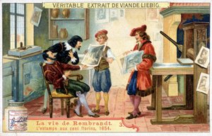Liebig chromolithography on the life of Rembrandt (1606 - 1669) الرسام الهولندي. هذه هي طبعة 100 غيلدر عام 1654. بواسطة فنان غير معروف