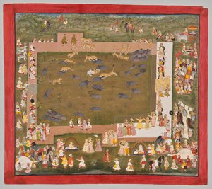 ماهارانا سانغرام سينغ الثاني ملك ميوار (حكم من 1710 إلى 1734) ويخوض رحلة صيد للخنازير مع النمور في سادري بواسطة فنان غير معروف