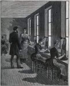 صناعة الريش المعدني: ورشة عمل دكبج في فرنسا في القرن التاسع عشر. نقش من عام 1885 في "" Les Arts et metiers Illustres "" لأدولف بيتارد. بواسطة فنان غير معروف