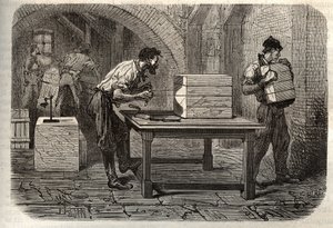 صناعة الصابون - L'industrie du Soap - تقطيع رغيف الصابون من مرسيليا إلى قضبان باستخدام الأسلاك - نقش في "Les Merveilles de l'Industrie" بواسطة Louis Figuier بواسطة فنان غير معروف
