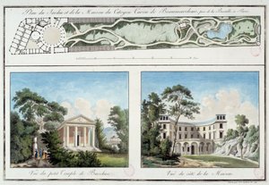 خريطة لحديقة ومنزل الكاتب والكاتب المسرحي الفرنسي بيير أوغستين كارون دي بومارشيه (1732-1799) في شارع بيومارشيه الحالي في باريس. نقش حوالي عام 1795 في باريس ، متحف كارنافالي بواسطة فنان غير معروف