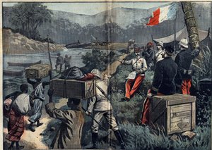 بعثة مارشاند في إفريقيا (1896-1899): الحملة الاستكشافية التي استولت على أعالي النيل في عام 1898. إطلاق البخار القابل للفك "Le Faidherbe" على نهر M'Bomou (الكونغو). هم: الملازم لارجو ، جان بابتيست مارشان (1863-1934) ، النقيب جير بواسطة فنان غير معروف