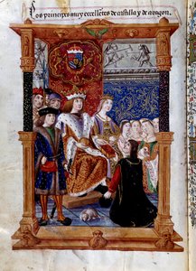 ماركويلو يقدم كتابه إلى فرديناند الثاني ملك أراغون (فيران أو فرناندو الثاني بواسطة فنان غير معروف
