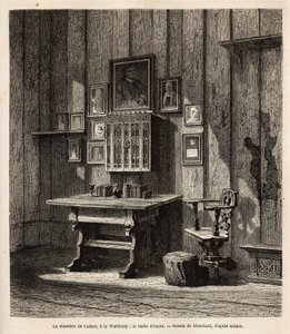 غرفة مارتن لوثر (1483-1546) في فارتبورغ حيث لجأ بعد حرمانه الكنسي عام 1521 ، مع صورته وصور والديه فوق المنضدة ، الذين ترجم تحت أعينهم الكتاب المقدس إلى الألمانية وأعاد نصوصه الأكثر شهرة. الحبر بواسطة فنان غير معروف