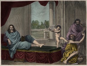 Moliere Jean Baptiste Poquelin (1622-1673) يستحضر جني الكوميديا لإسقاط الرذيلة وإلغاء النفاق - نقش بعد لوحة اختفت من القرن السابع عشر بواسطة فنان غير معروف
