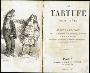 موليير يخيف الكنسي باستخدام قناع المسرح - واجهة "Tartuffe" (Tartufe) بواسطة Molière ، محرر. هينغراي ، باريس بواسطة فنان غير معروف