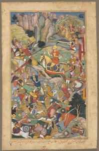 الحاكم المغولي همايون يهزم الأفغان قبل إعادة احتلال الهند ، ورقة من أكبر ناما (كتاب أكبر) لأبي الفضل (هندي ، 1551-1602) بواسطة فنان غير معروف