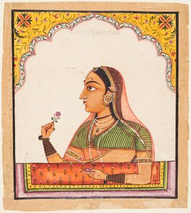 امرأة نبيلة في نافذة Jharokha تحمل وردة ، من سلسلة Portraits of Women بواسطة فنان غير معروف