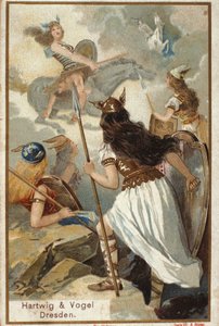 الأساطير الإسكندنافية: The Walkyries (محاربي العذارى) في Valholl (أو Walhalla ، Valhalla ، Valhalle: المكان الذي يتم فيه إحضار المحاربين الشجعان) وسقوط المحاربين في المعركة. الطباعة الحجرية الملونة من القرن التاسع عشر بواسطة فنان غير معروف