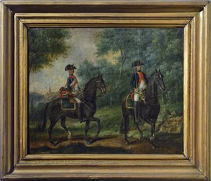 ضابط وجندي من فوج ميستري دي معسكرات في عام 1790 ، أواخر القرن الثامن عشر (زيت على قماش) بواسطة فنان غير معروف