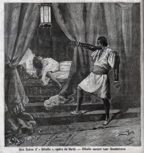 عطيل قتل للتو Desdemone في سريره. مشهد من الأوبرا "عطيل" لجوزيب فيردي (1813-1901) نقش في "" Le Parisien " بواسطة فنان غير معروف