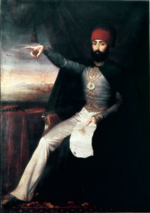 الإمبراطورية العثمانية: صورة للسلطان محمود الثاني (1784-1839) "" يشير الممثل بإصبعه قد يكون للإشارة إلى الأمر بذبح جماعة الإنكشارية. لوحة زيتية مجهولة. 1808-1839 اسطنبول ، متحف توبكابي سراي ، تركيا بواسطة فنان غير معروف