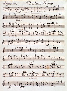 صفحة من ورقة الموسيقى للكمان الأول من Symphony n. 4 في D ، بواسطة موزارت (1765) بواسطة فنان غير معروف