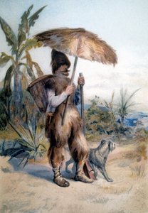 أداء روبنسون كروزوي ، شخصية الرواية التي تحمل الاسم نفسه لدانيال دي فوي أو ديفو (1660 - 1731) بواسطة فنان غير معروف
