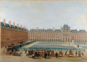 الساحة الملكية، حوالي عام 1660؛ مرور عربة الملك. ساحة دي فوج الحالية، الدائرة الرابعة، حوالي 1655 - 1665 (لوحة زيتية على قماش) بواسطة فنان غير معروف