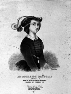 صورة لأديلايد رافاغليا في تمثيل أوبرا "لا ترافياتا" لجوزيبي فيردي عام 1857. بواسطة فنان غير معروف