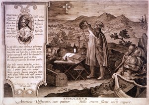 صورة للملاح الإيطالي أميرغو فسبوتشي (1454-1512) ، مُمثلة أثناء استخدام الإسطرلاب. يوجد في المربع الموجود على اليسار صورة لدانتي أليغييري بالإضافة إلى مقطع من الأغنية الأولى لمطهر الكوميديا الإلهية. نقش القرن الثامن عشر ج بواسطة فنان غير معروف