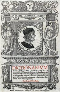 صورة أنطونيو مارتينيز دي كالا قال أنطونيو دي نيبريجا (1441-1522) عالم إنساني ونحوي إسباني. صفحة الحرس الخاصة بقاموسه ، نُشرت عام 1536. مكتبة مدريد الوطنية. بواسطة فنان غير معروف