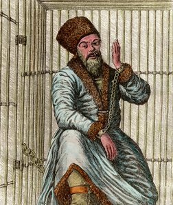 صورة إميليان إيفانوفيتش بوجاتشيف (يميليان أو إميليان بوغاتشيف) (1742-1775) ، زعيم القوزاق أثناء حرب الفلاحين الروس من 1773-1775 (جاكوي من ييك القوزاق) ، مسجونًا في قفصه ويظهر الناس بواسطة فنان غير معروف