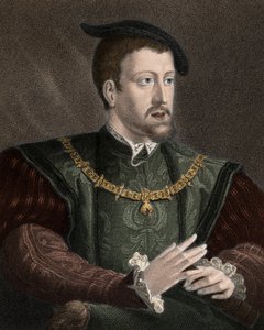 صورة للإمبراطور تشارلز الخامس (1500-1558) مع عقد وسام الصوف الذهبي - تشارلز الخامس (1500-1558) مرتديًا سلسلة وسام الصوف الذهبي حول رقبته - نقش - القرن التاسع عشر بواسطة فنان غير معروف
