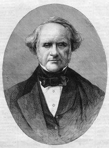 صورة لجورج بيبودي (1795-1869) رجل أعمال ومحسن مؤسس معهد بيبودي كونسرفتوار جامعة جونز هوبكنز في ماريلاند بالولايات المتحدة. نقش في "" الكون اللامع "" بواسطة فنان غير معروف