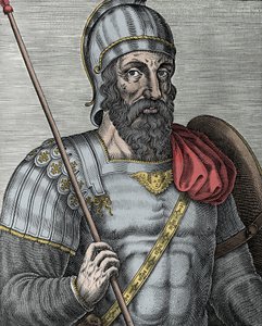 صورة لجودفري دي بوالون (Godefroy de Bouillon) (1040 / 61-1100) ، فارس الفرنجة ، أحد قادة الحملة الصليبية الأولى - نقش القرن السادس عشر بواسطة فنان غير معروف