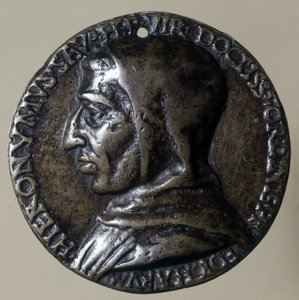 صورة للواعظ الإيطالي جيروم سافونارولا أو جيرولامو سافونارولا (1452 - 1498). أسس نظامًا ثيوقراطيًا في فلورنسا. المنجد من الوقت. بواسطة فنان غير معروف
