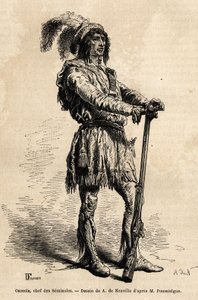 صورة لأوسيولا (1804-1838) ، زعيم السينولز ، على رأس المقاومة الهندية ضد الولايات المتحدة أثناء حرب فلوريدا (1835-1842). نقش لتوضيح القصة لمدة أربعة أشهر في فلوريدا ، بقلم أشيل بوسليج في 1851-1852 ، تم نشره بواسطة فنان غير معروف