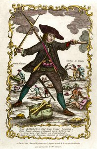 صورة للقبطان الفرنسي لويس ماندرين (حوالي 1725-1755). خلفه ، عمل أوتون ومعركة باون. نقش القرن الثامن عشر. مجموعة خاصة بواسطة فنان غير معروف